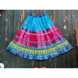 Chaudry Sports Boho Tie Dye Sequin Embroidered Maxi Skirt Blue Pink Yellow Small